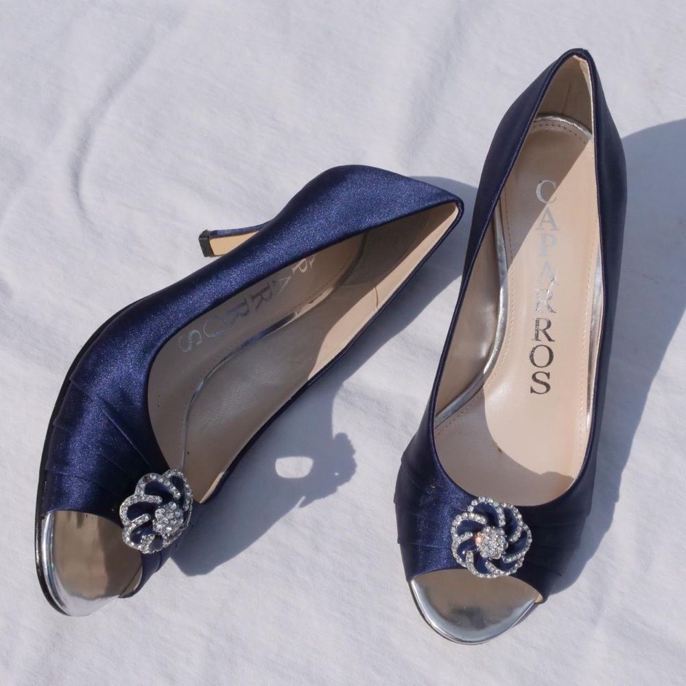 Blue satin princess peep toe heels